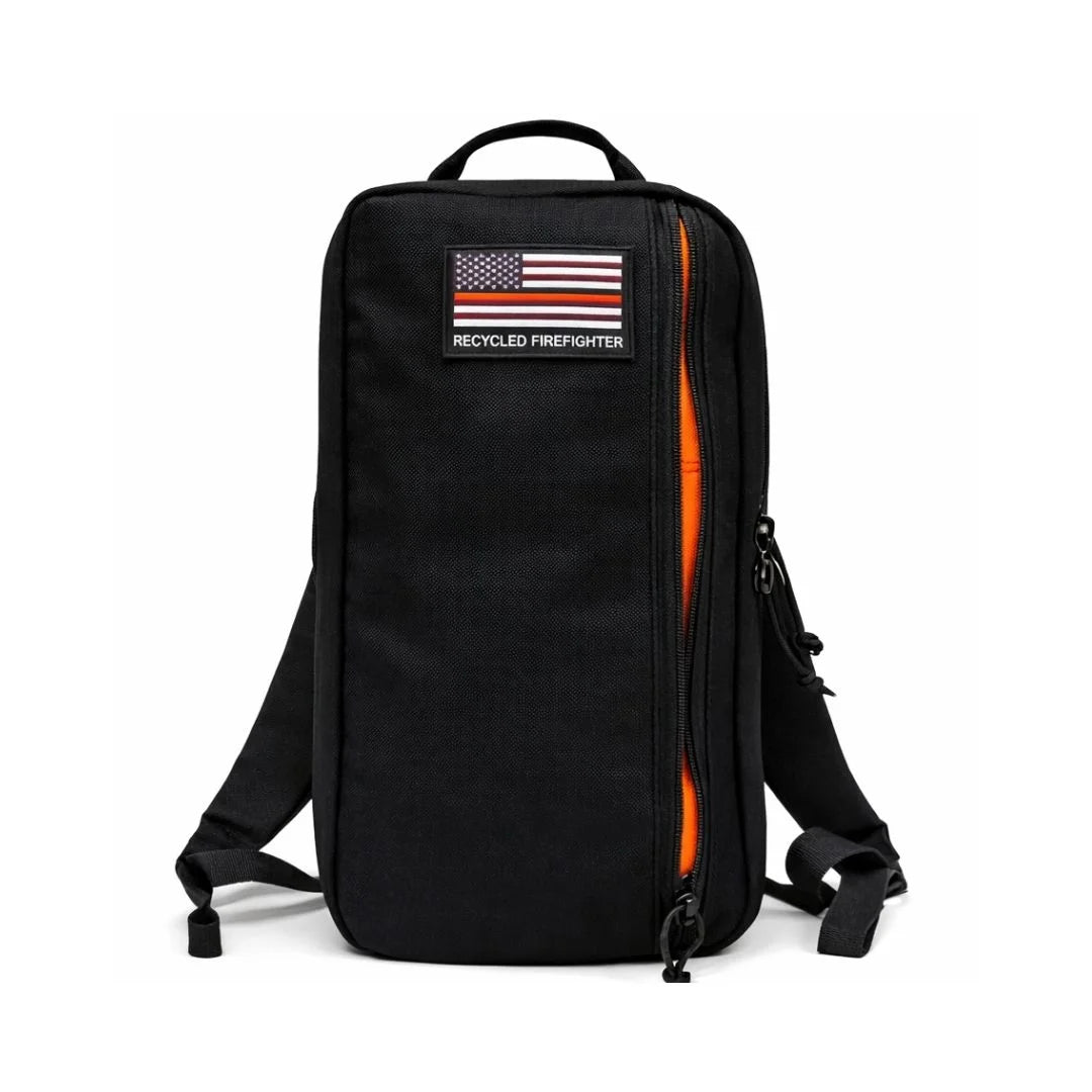 Tactical 12 Hour Backpack in 12 hr black orange inside by Recycled Firefighter. Quick-access pockets organize essentials efficiently.