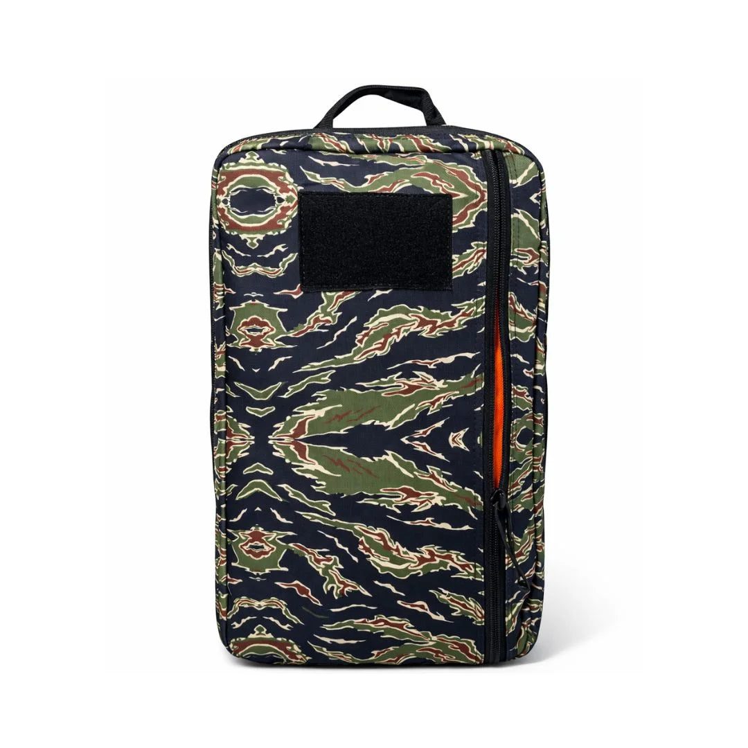 Recycled Firefighter's woodland tiger stripe 24 Hour Backpack. Padded laptop sleeve and gear compartments organize tactical essentials.