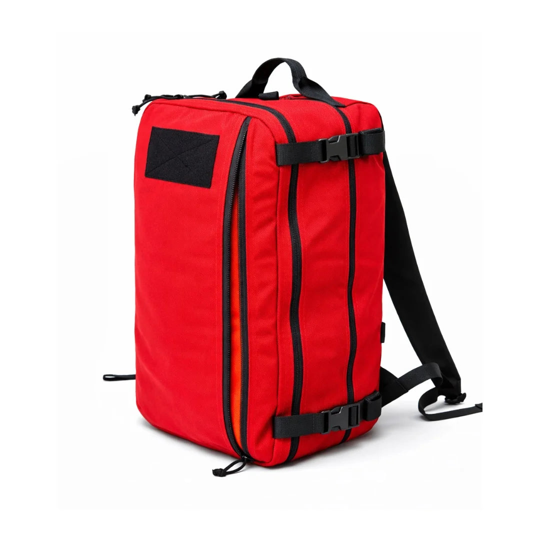 Featuring a bold and high-visibility exterior, the Red 24 Hour PLUS Backpack by Recycled Firefighter is perfect for emergency kits or standout everyday use.