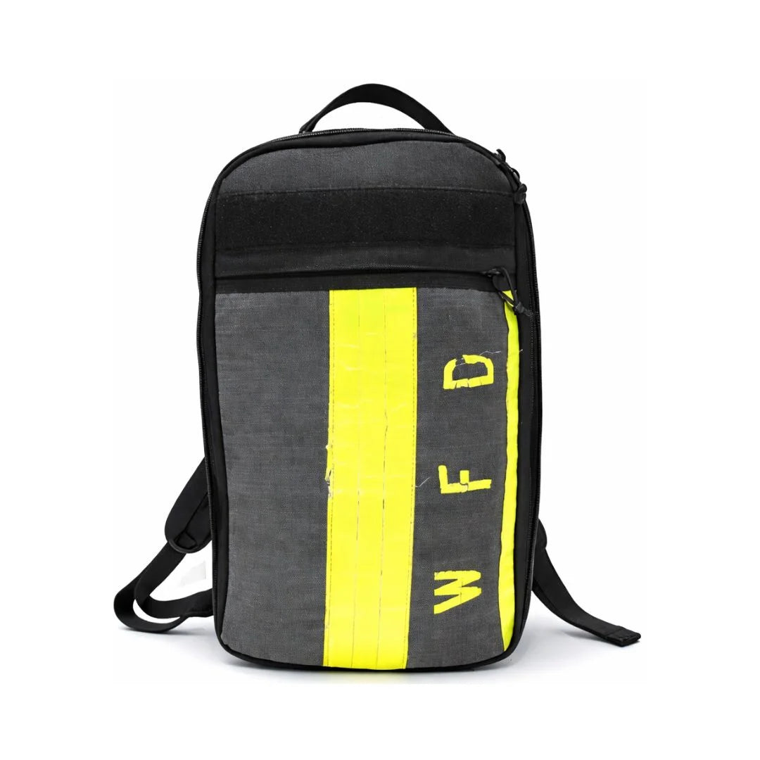 Recycled Firefighter The Chief tactical backpack in black featuring a repurposed lime green firefighter gear accent.