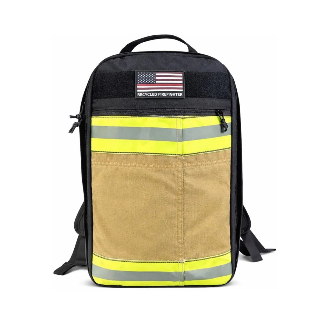 The Chief USA-made tactical backpack by Recycled Firefighter featuring a high-visibility yellow repurposed firefighter bunker gear front panel.