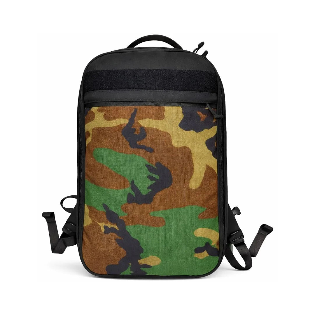 Recycled Firefighter The Chief tactical backpack in a classic military-style Woodland Camo Cordura.