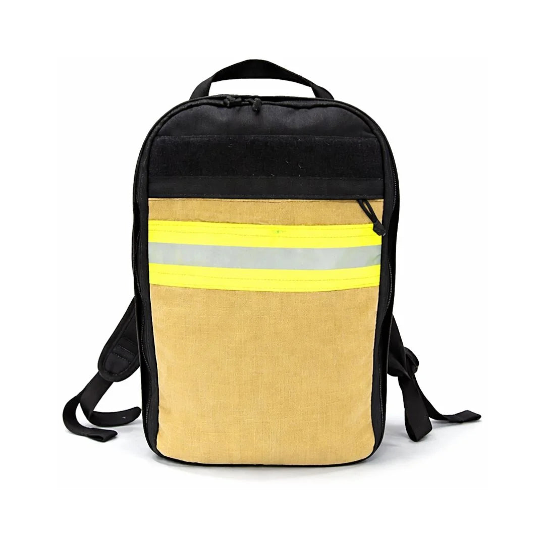 The Chief USA-made tactical backpack by Recycled Firefighter featuring a high-visibility yellow repurposed firefighter bunker gear front panel.