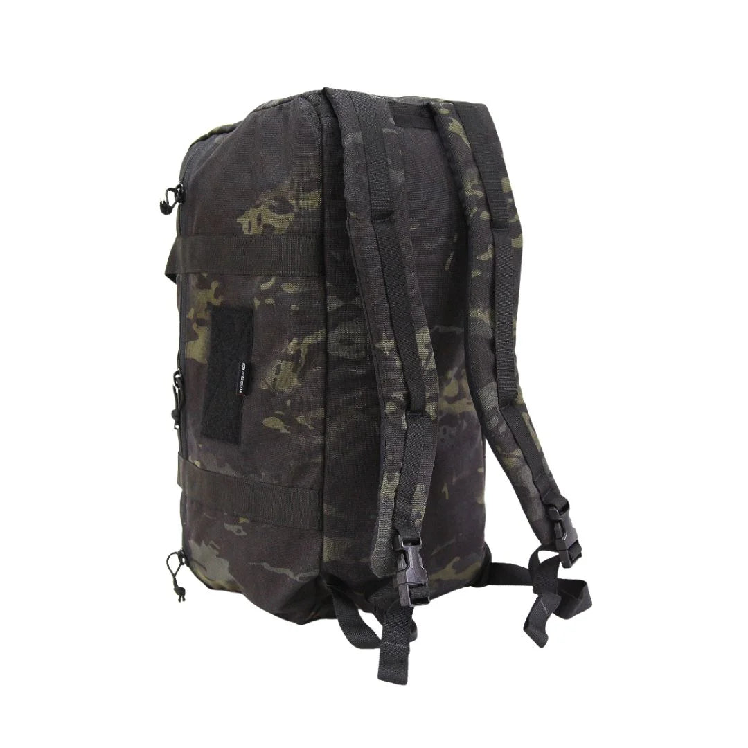 A Multicam Black Recycled Firefighter 72 Hour Duffle Backpack featuring a stealthy camouflage pattern for tactical use.