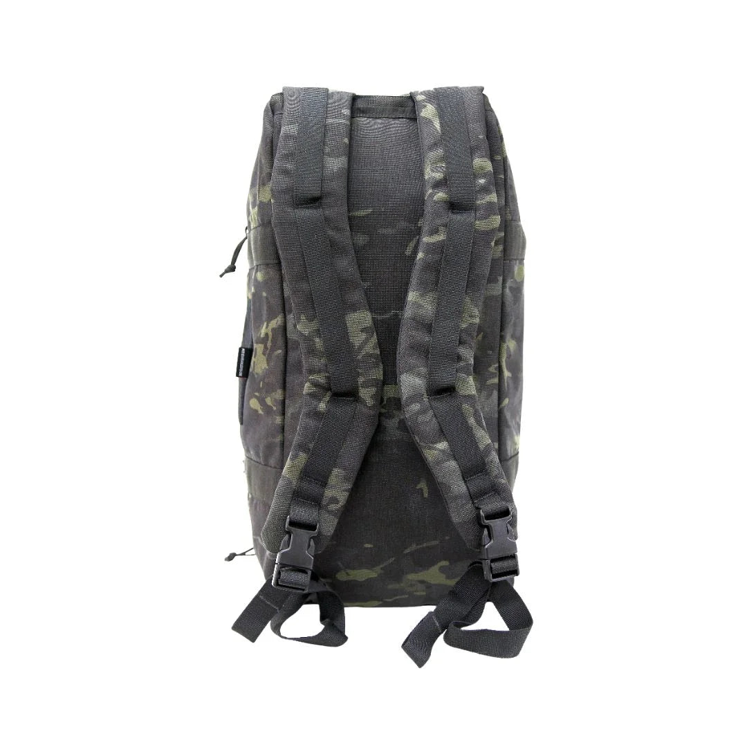 A Multicam Black Recycled Firefighter 72 Hour Duffle Backpack featuring a stealthy camouflage pattern for tactical use.