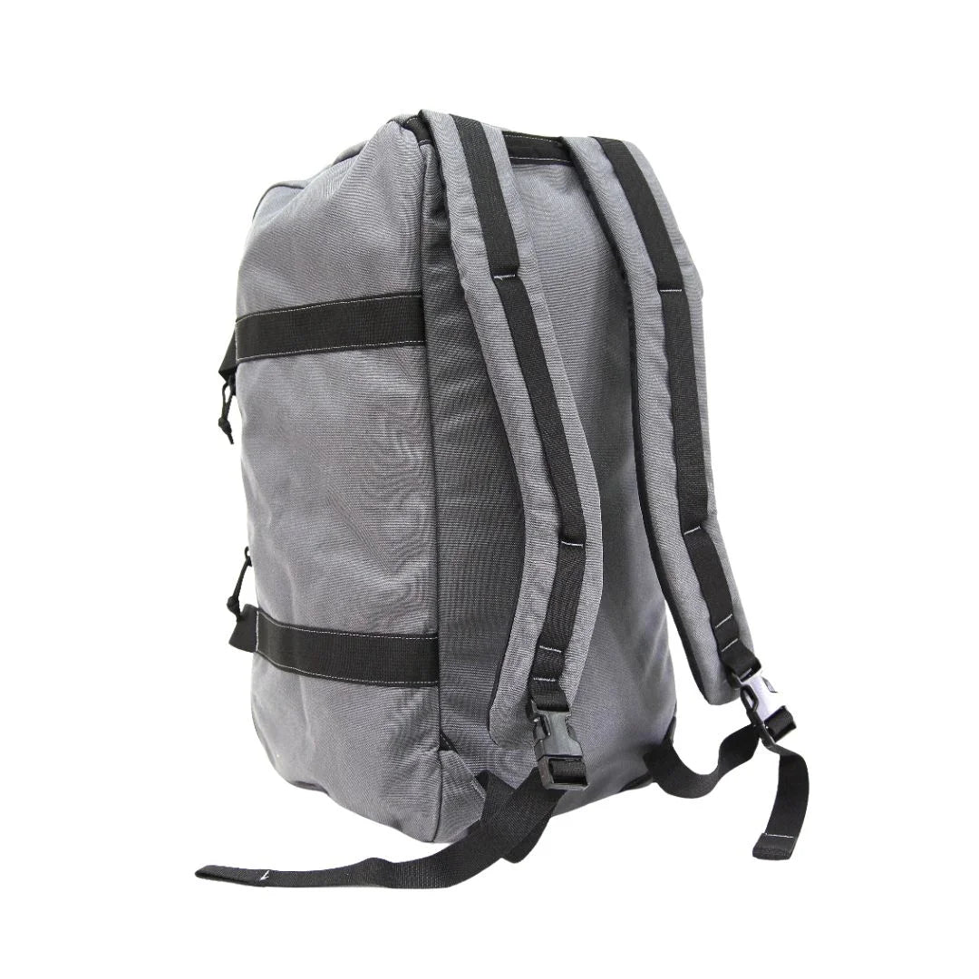 A sleek Tactical Grey 72 Hour Duffle Backpack by Recycled Firefighter designed for durability and a professional aesthetic.