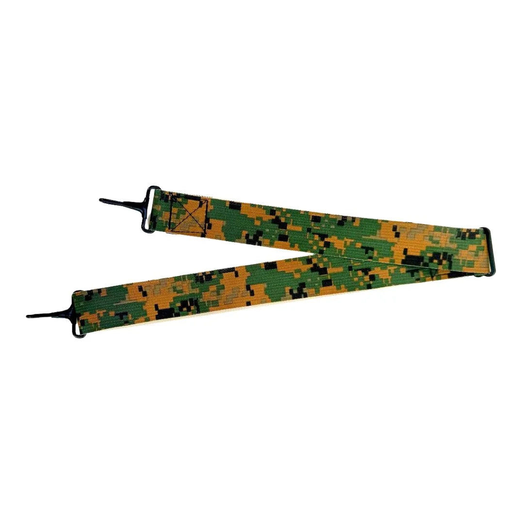 Recycled Firefighter Digital Woodland Adjustable Tactical Utility Strap featuring reinforced box stitching and black metal hardware.