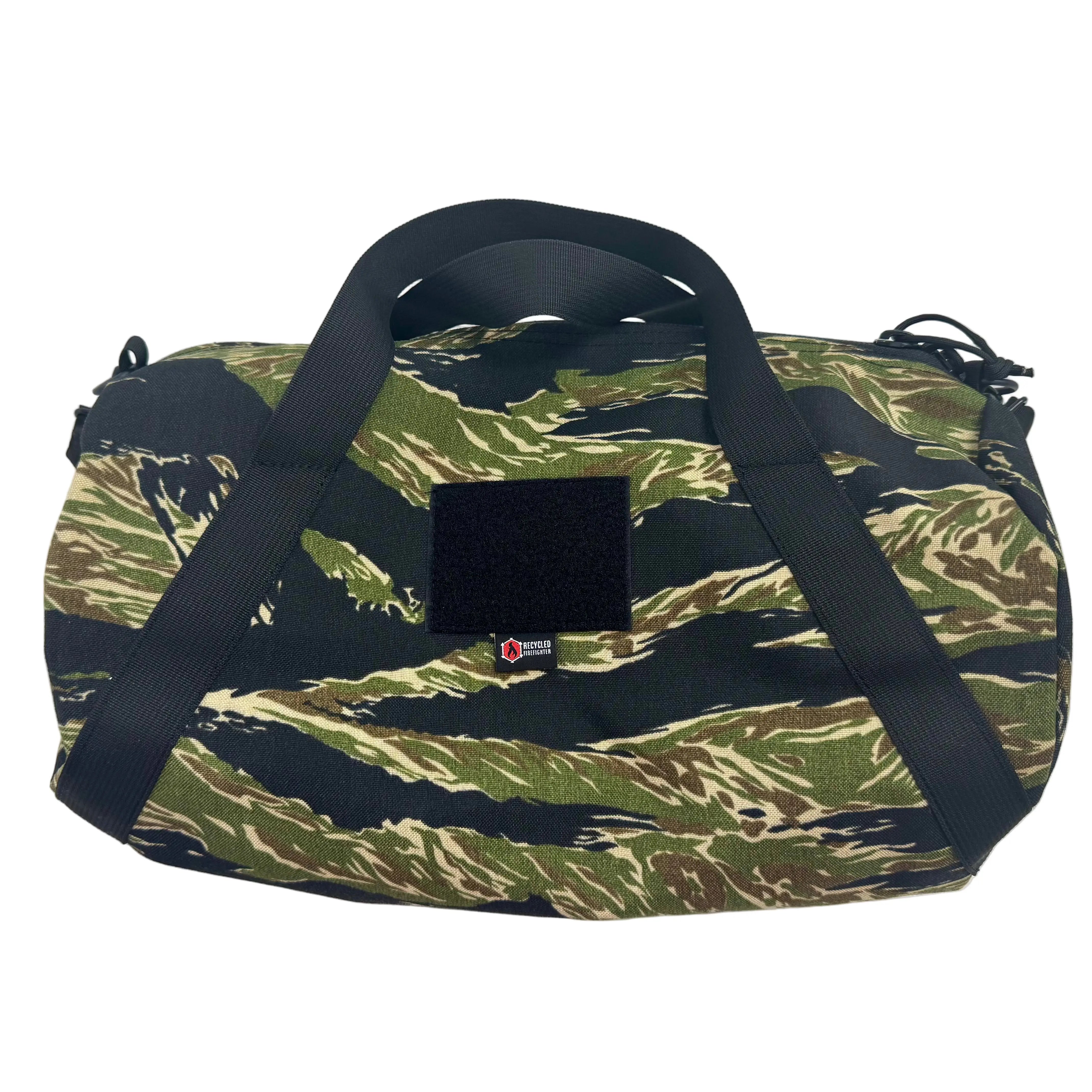 Professional Barrel Duffle Bag 1000D in jungle tiger stripe & black by Recycled Firefighter. Tactical design honors first responder service with quality materials.