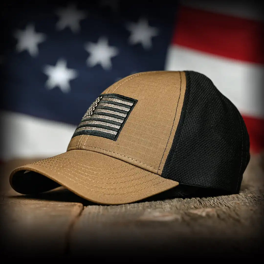 Coyote Brown Ripstop & Black Mesh American Flag Hat