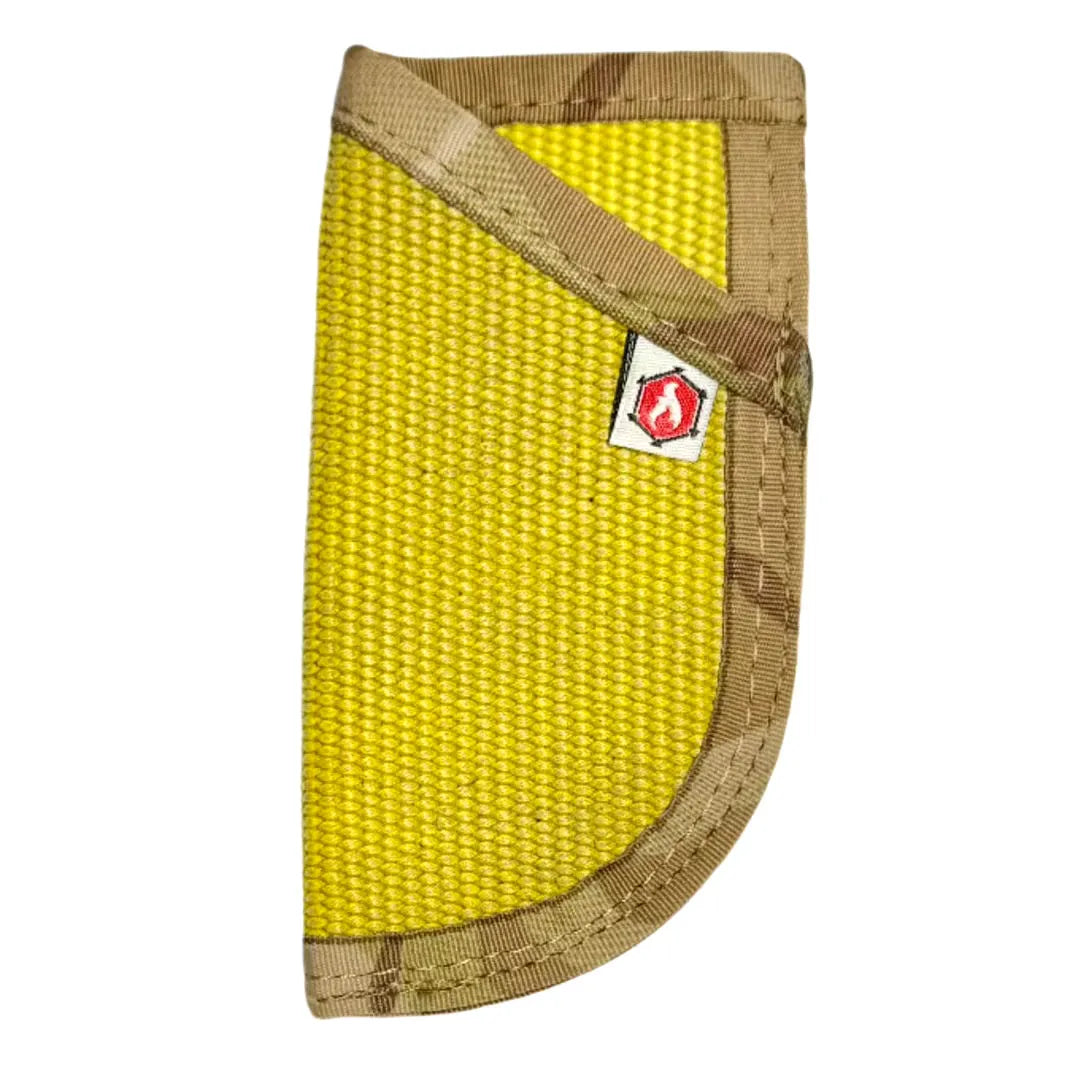 The left vintage yellow hose arid EDC Pocket Caddy by Recycled Firefighter. Quality construction meets professional tactical requirements for demanding operations.