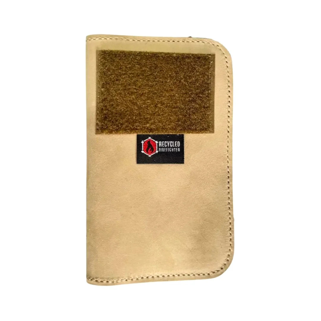 The Field Notes Wallet in leather coyote from Recycled Firefighter. Professional-grade quality for everyday tactical use and operations.
