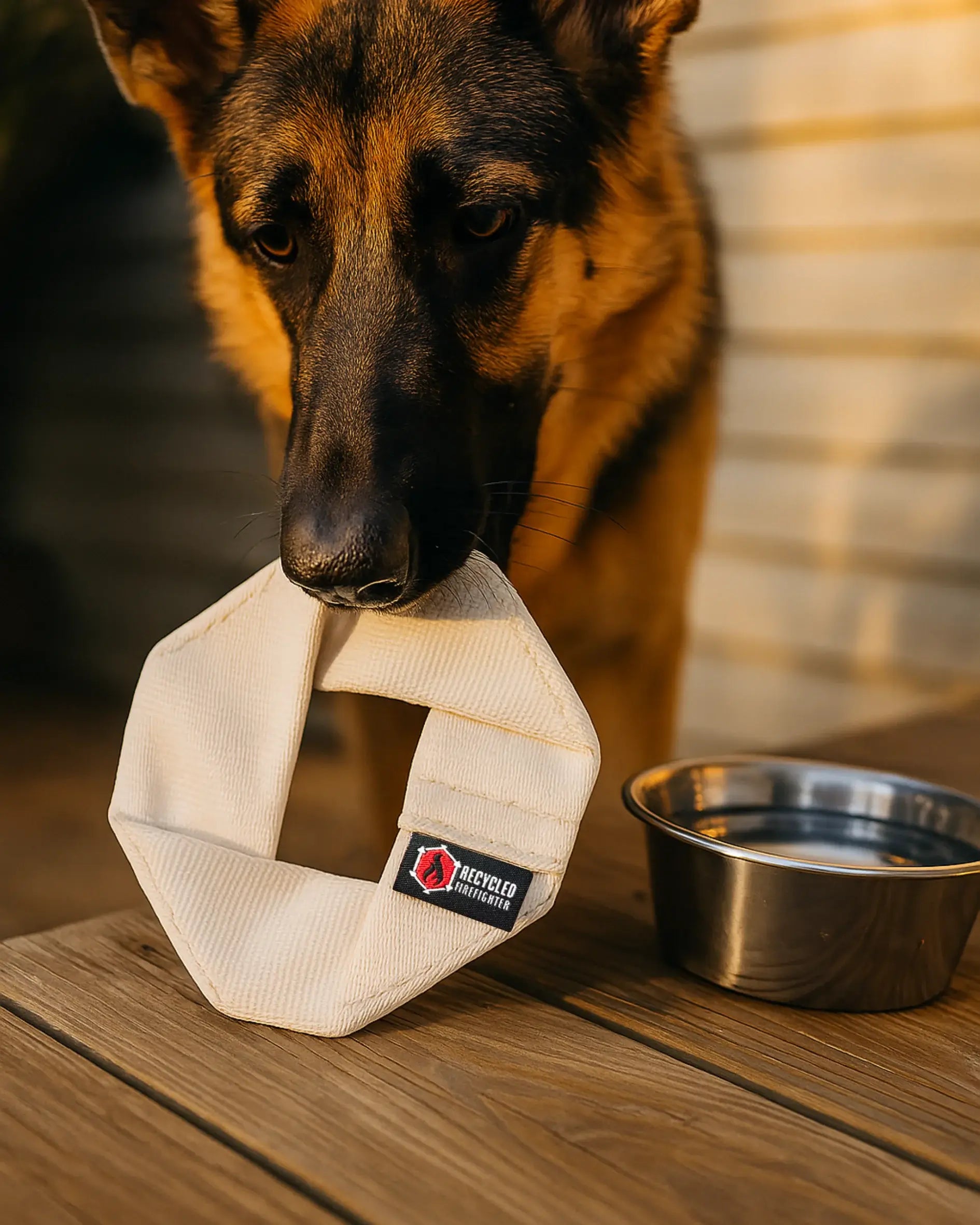 Recycled Firefighter Fire Hose Dog Frisbee JR. in white. Professional tactical design built for durability and daily use by first responders.