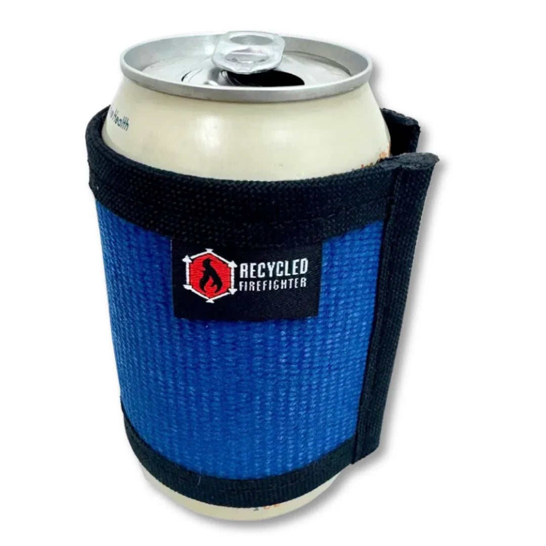 Blue Fire Hose Drink Sleeve by Recycled Firefighter. Classic color insulates beverages with authentic fire hose.