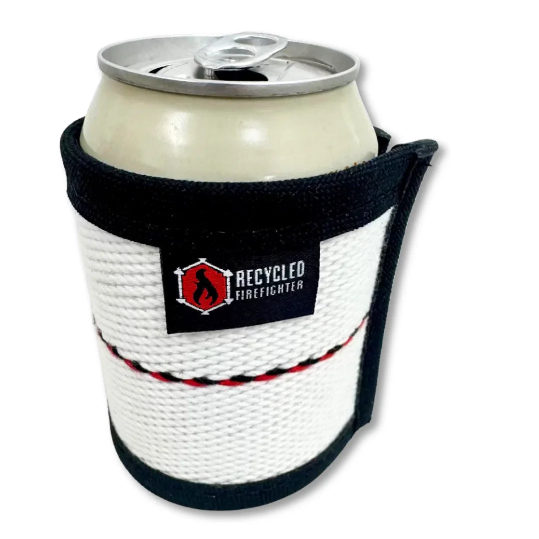 White Fire Hose Drink Sleeve by Recycled Firefighter. Premium insulation keeps beverages cold using genuine fire hose.