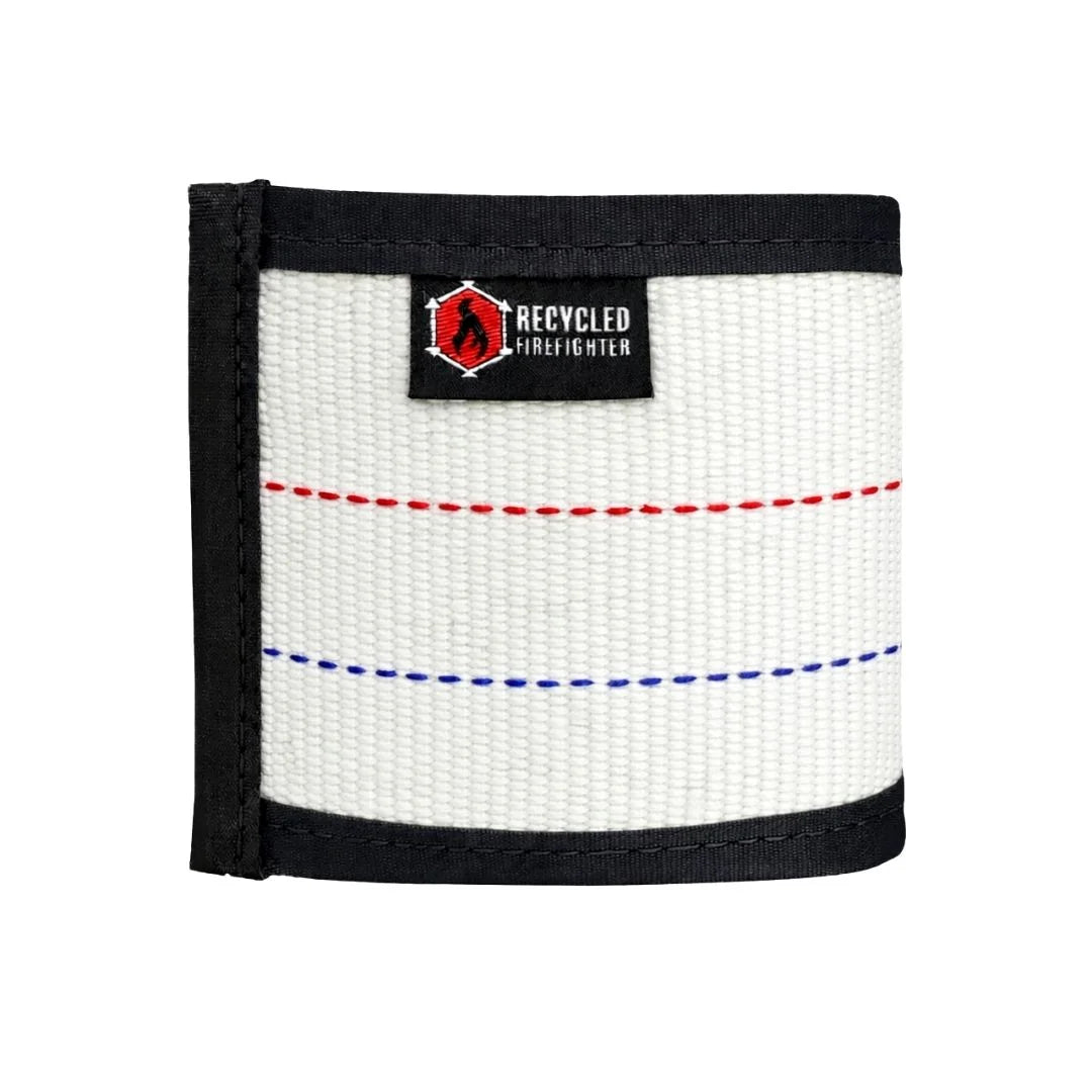White skinny Fire Hose Drink Sleeve from Recycled Firefighter. Slim design fits narrow beverage containers.