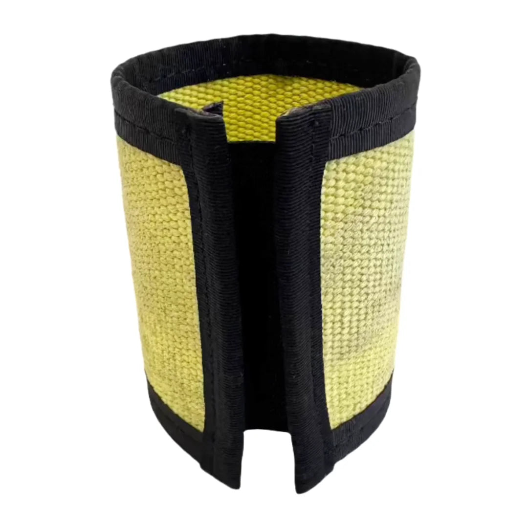 Vintage yellow drink sleeve from Recycled Firefighter. Classic fire service coloring insulates beverages with style.