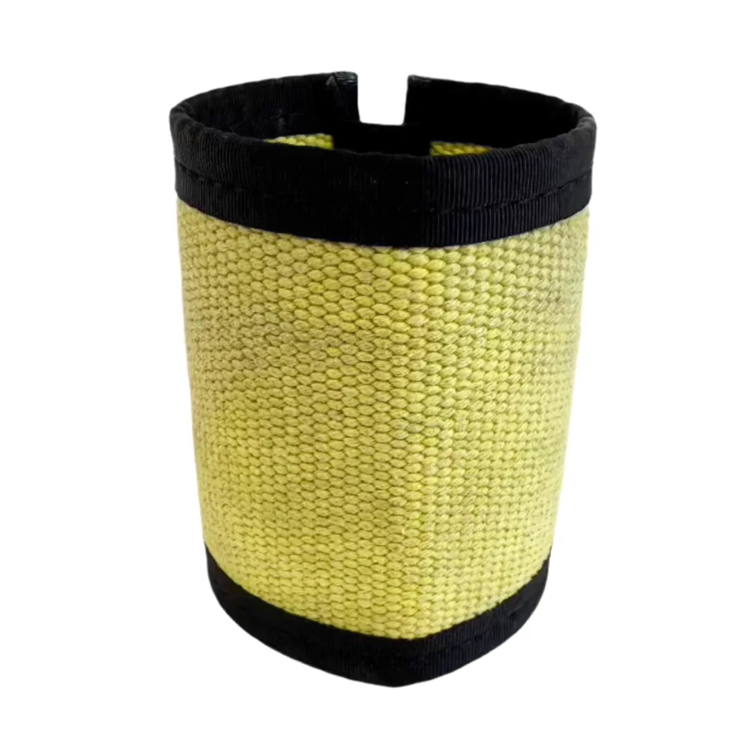 Vintage yellow drink sleeve from Recycled Firefighter. Classic fire service coloring insulates beverages with style.