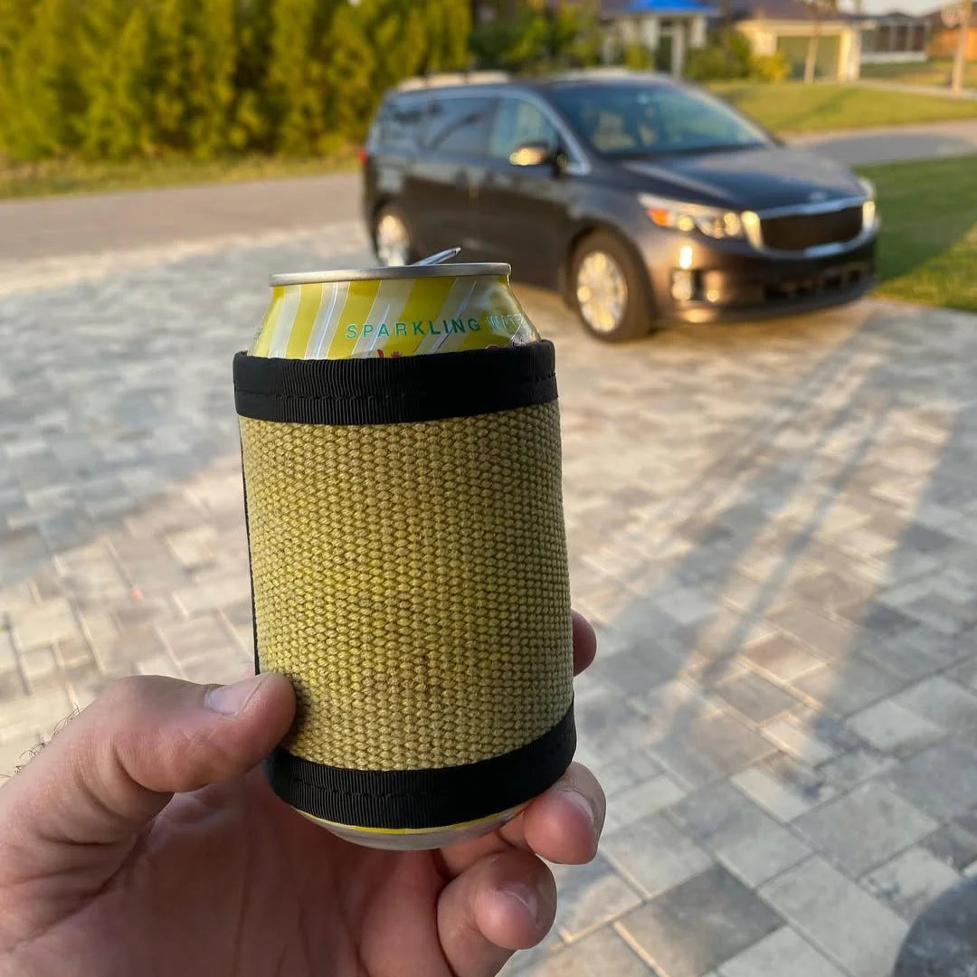 Vintage yellow drink sleeve from Recycled Firefighter. Classic fire service coloring insulates beverages with style.