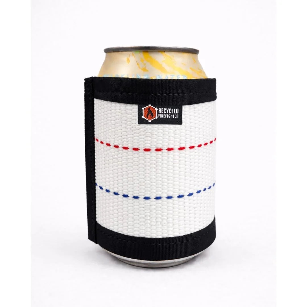 White skinny Fire Hose Drink Sleeve from Recycled Firefighter. Slim design fits narrow beverage containers.
