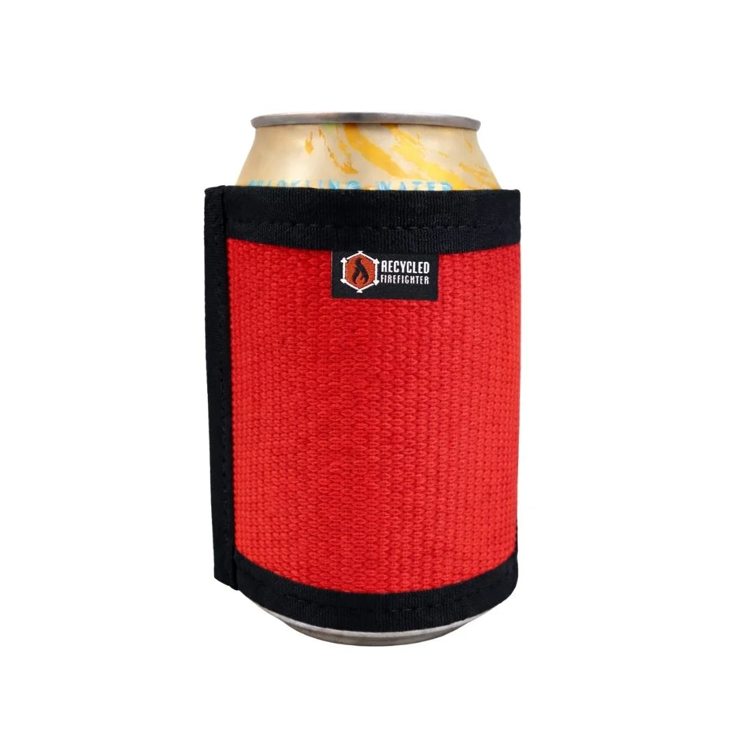 Red Fire Hose Drink Sleeve from Recycled Firefighter. Bold fire service color provides beverage insulation.