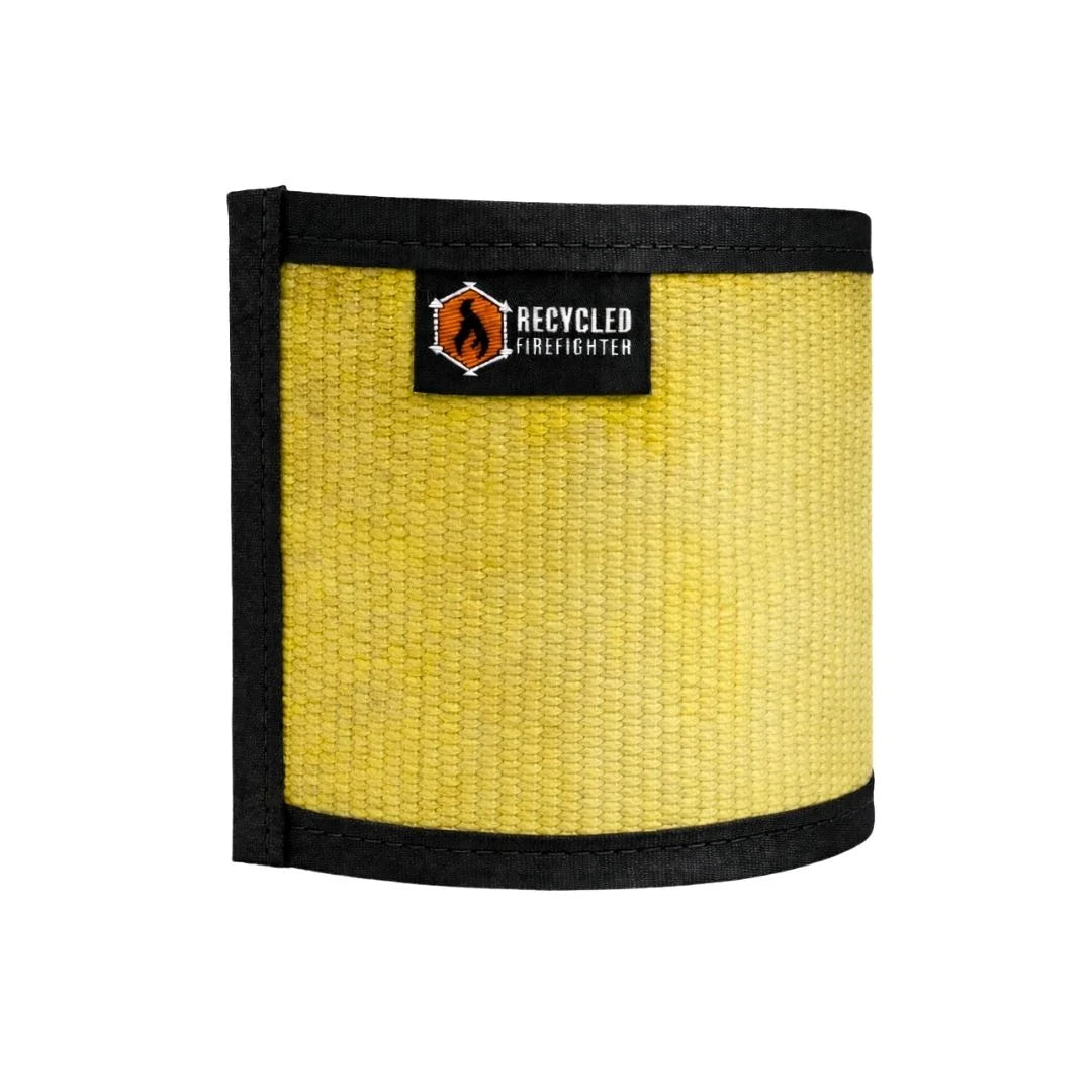 Vintage yellow drink sleeve from Recycled Firefighter. Classic fire service coloring insulates beverages with style.