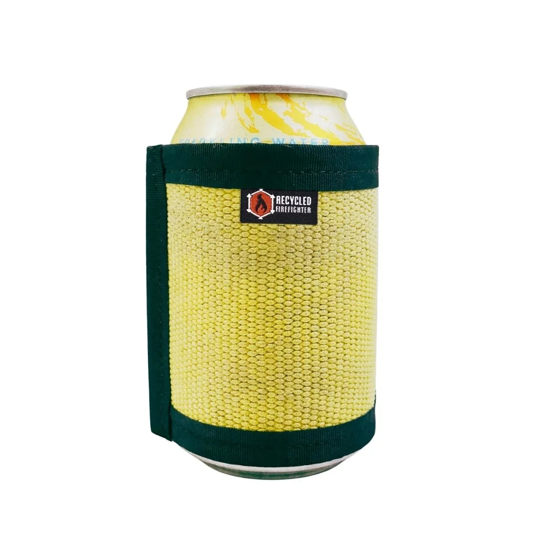 Vintage yellow drink sleeve from Recycled Firefighter. Classic fire service coloring insulates beverages with style.