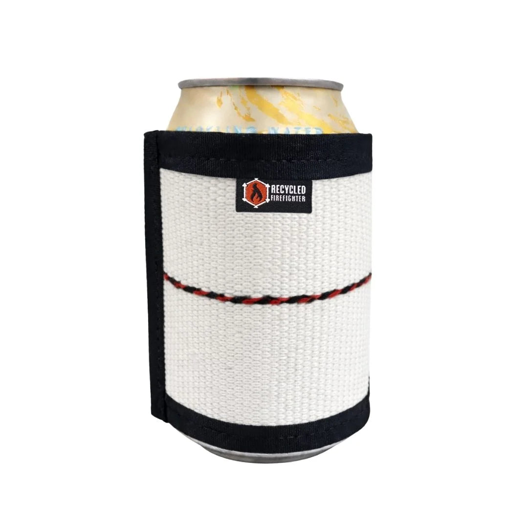 White Fire Hose Drink Sleeve by Recycled Firefighter. Premium insulation keeps beverages cold using genuine fire hose.