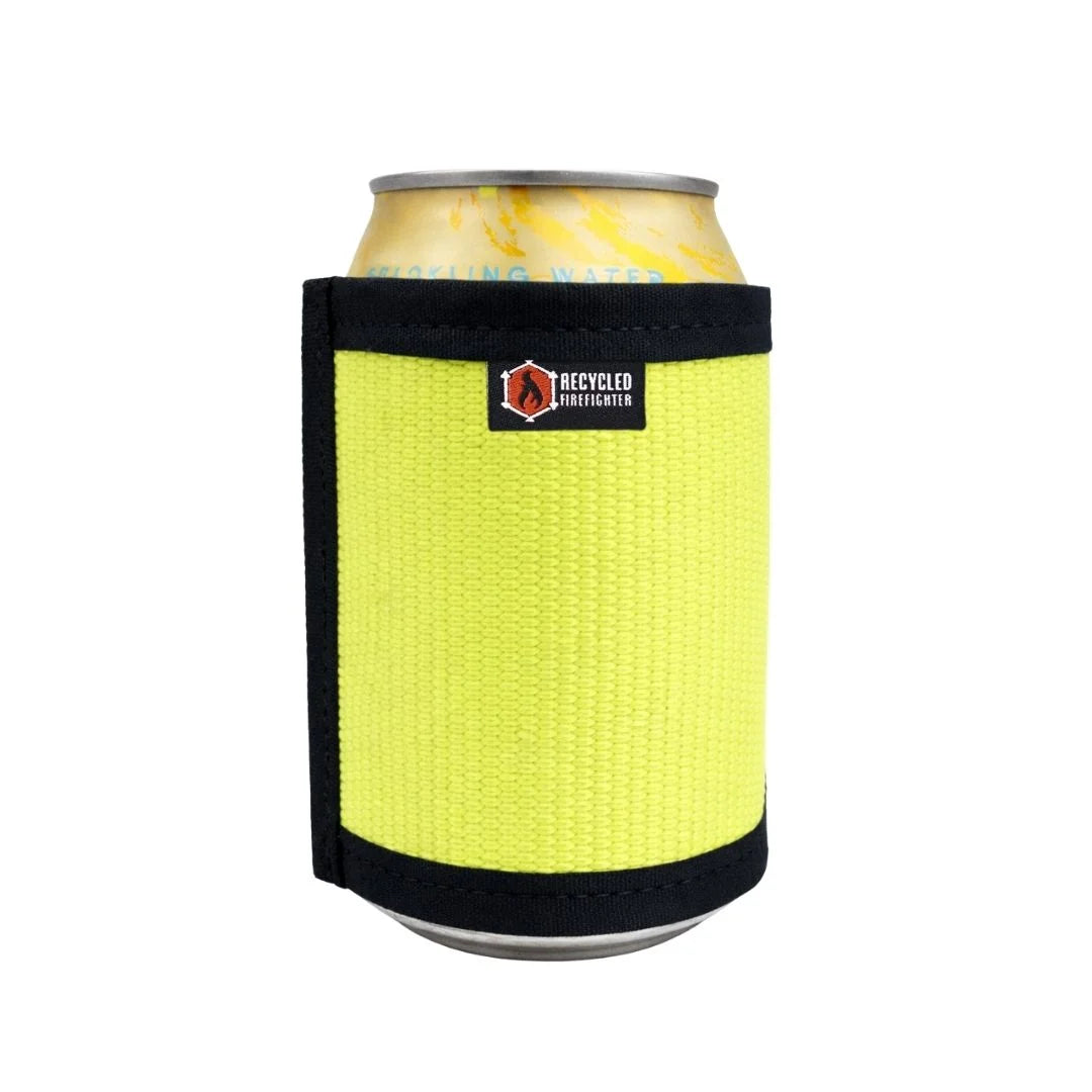 Bright yellow Fire Hose Drink Sleeve by Recycled Firefighter. High-visibility insulation honors firefighter heritage.