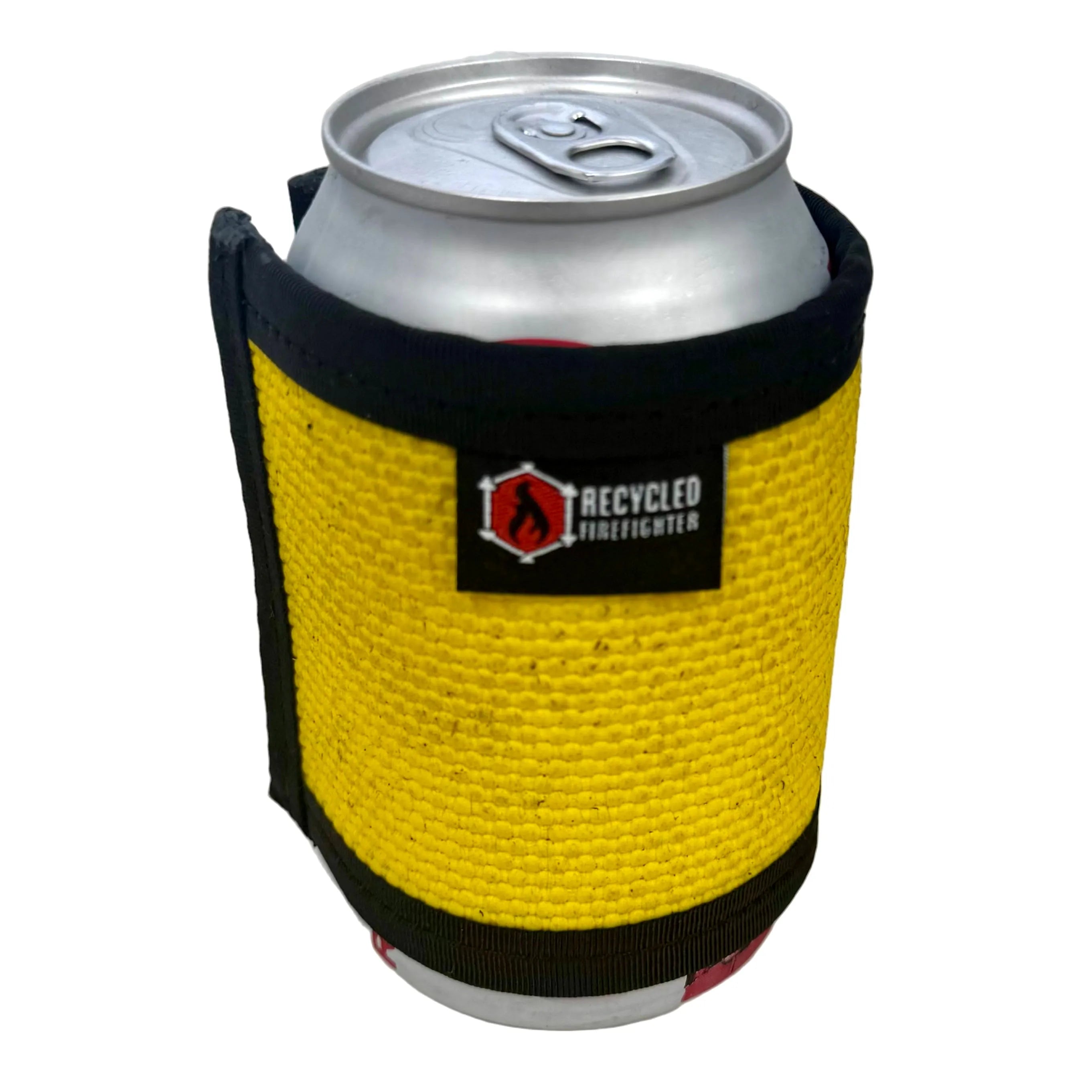 Bright yellow Fire Hose Drink Sleeve by Recycled Firefighter. High-visibility insulation honors firefighter heritage.