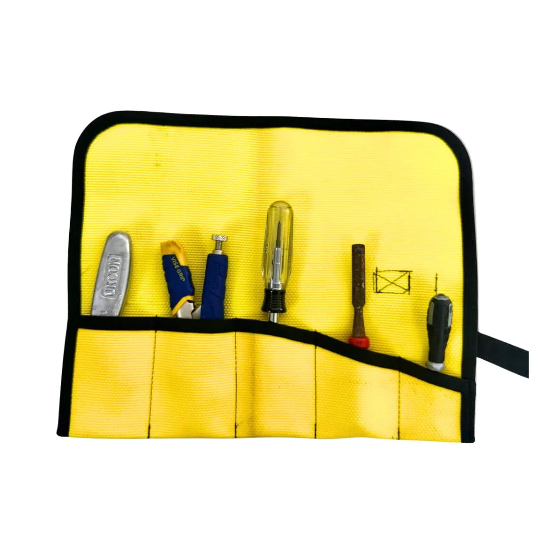 Yellow Fire Hose Tool Roll by Recycled Firefighter featuring durable repurposed fire hose material. This rugged tool organizer is handcrafted in the USA for secure everyday carry and vehicle gear storage.
