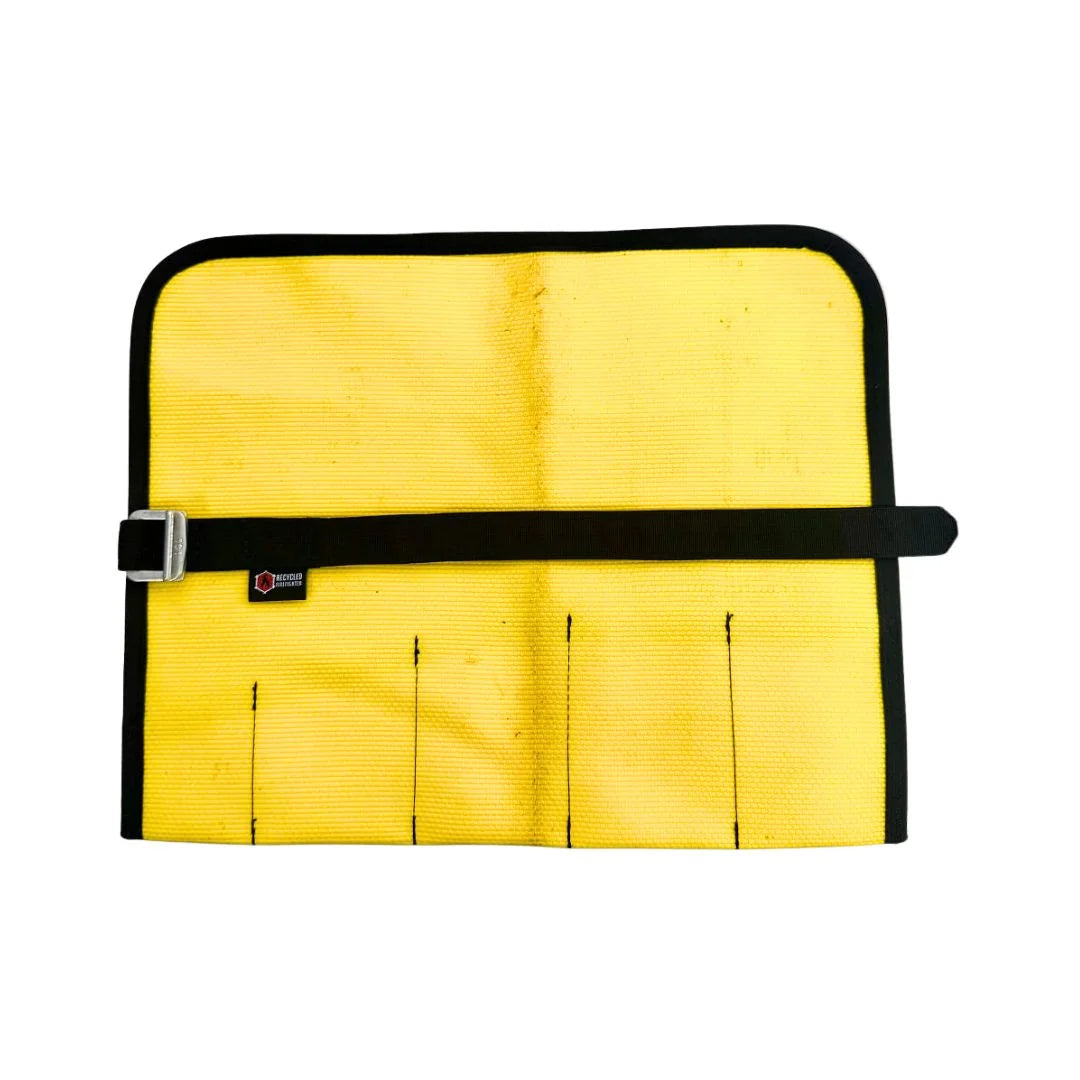 Yellow Fire Hose Tool Roll by Recycled Firefighter featuring durable repurposed fire hose material. This rugged tool organizer is handcrafted in the USA for secure everyday carry and vehicle gear storage.