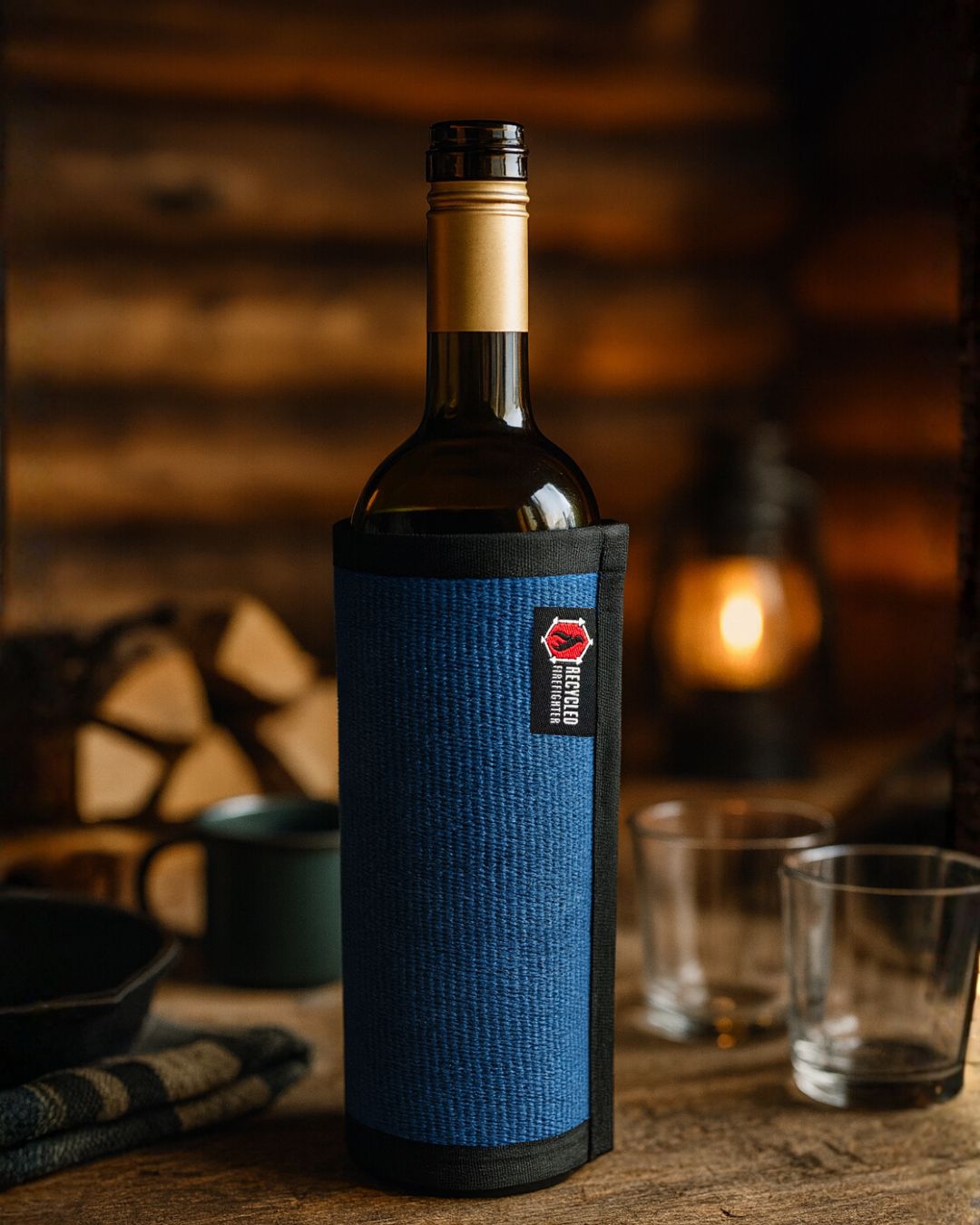 The Blue Firehose Wine Bottle Cover from Recycled Firefighter. Tactical quality meets professional design standards.