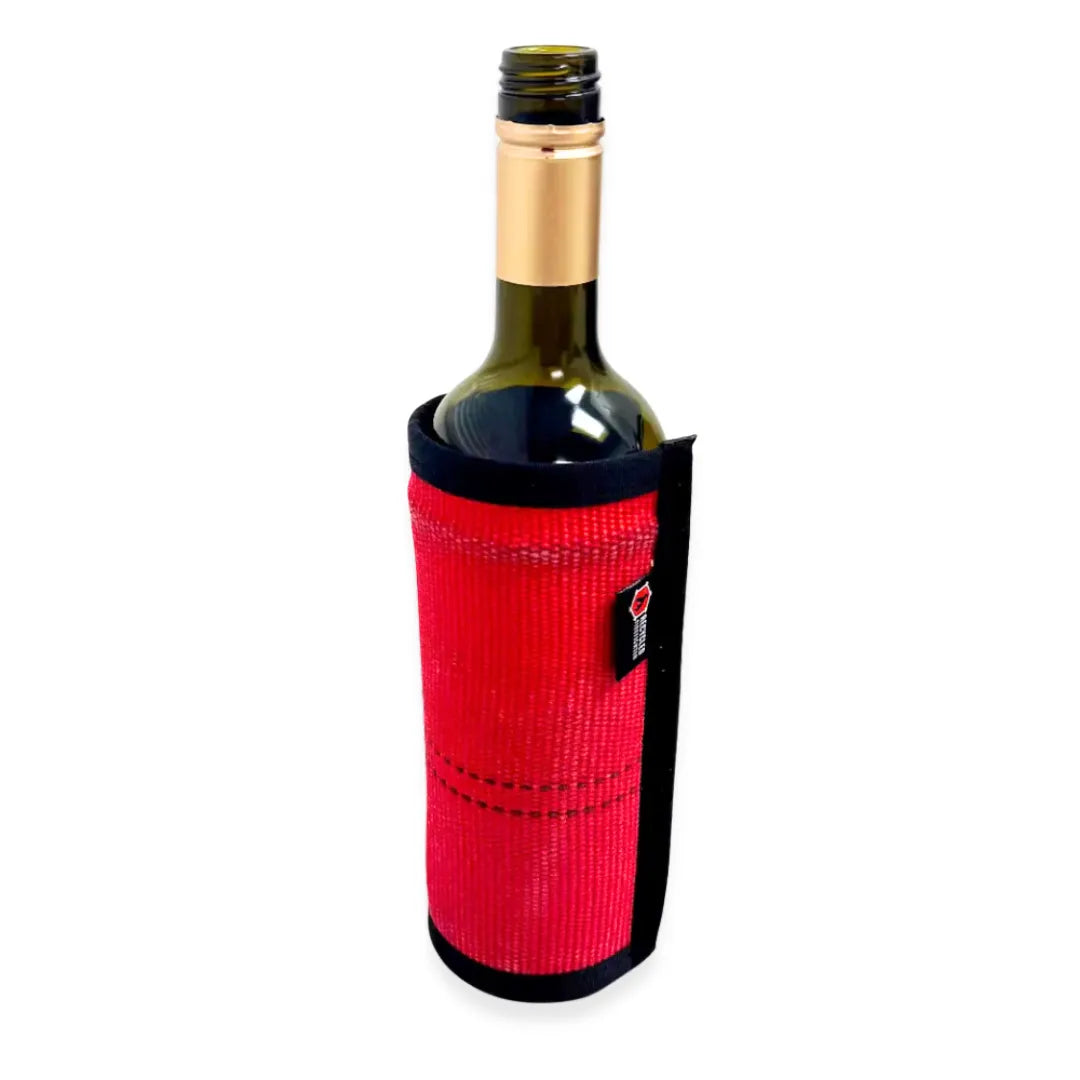 Red Firehose Wine Bottle Cover from Recycled Firefighter. Professional tactical construction for everyday operations.