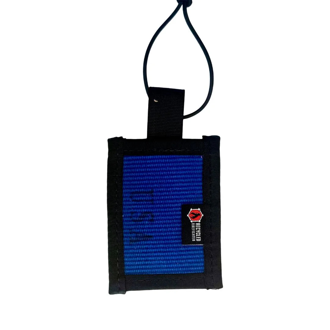 Blue recycled firehose luggage tag for travel bags and backpacks, handmade in the USA by Recycled Firefighter.