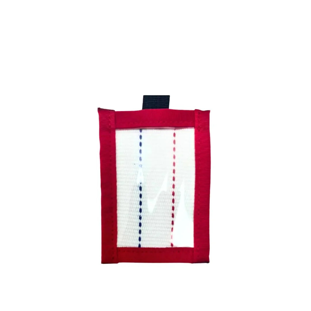 Patriotic Red, White, and Blue firehose luggage tag made from authentic decommissioned fire hose by Recycled Firefighter.