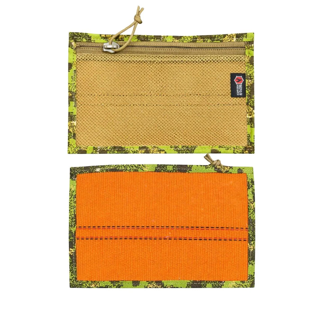 Recycled Firefighter Flat EDC Pouch in Orange and Green Digital Woodland. The pouch features a bright orange firehose back and a green digital camouflage patterned mesh front