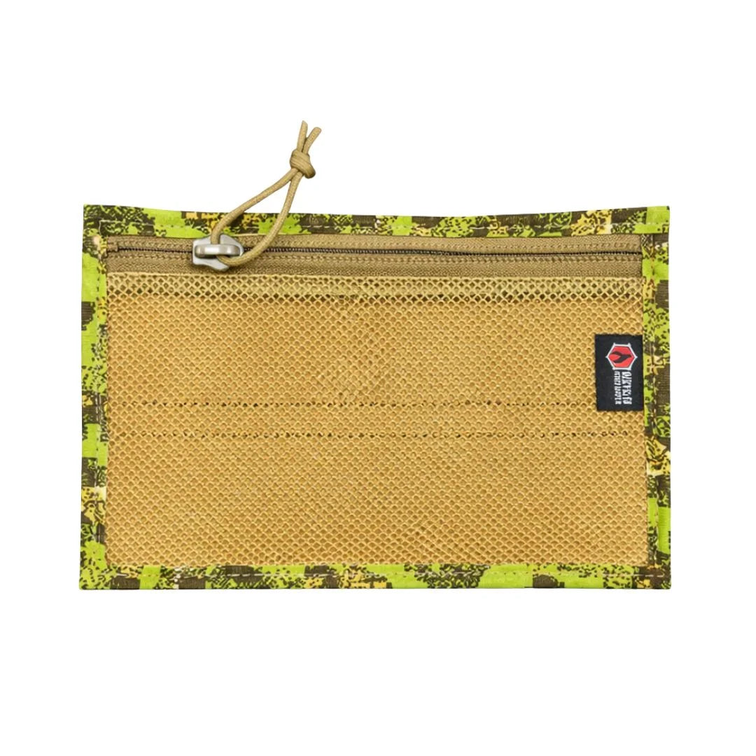 Recycled Firefighter Flat EDC Pouch in Orange and Green Digital Woodland. The pouch features a bright orange firehose back and a green digital camouflage patterned mesh front