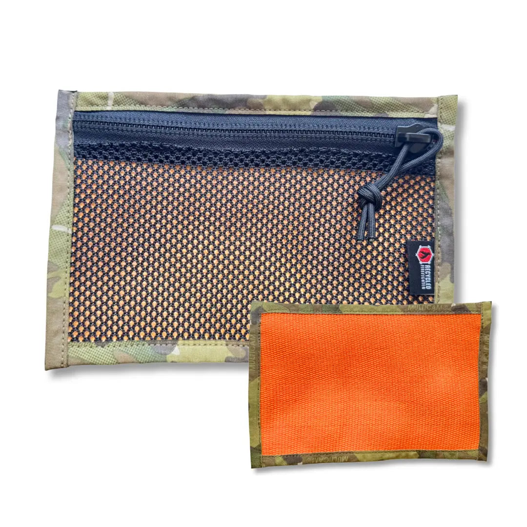 Recycled Firefighter Flat EDC Pouch Firehose in orange & multicam. Professional tactical design built for durability and daily use by first responders.