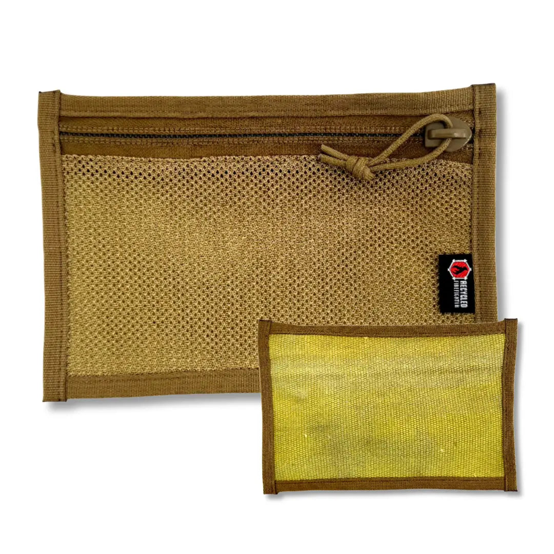 The Flat EDC Pouch Firehose in vintage yellow & coyote by Recycled Firefighter. Tactical design meets professional durability standards.