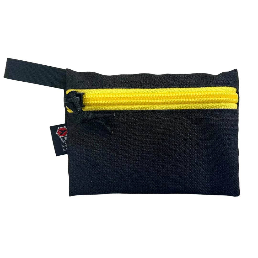 Flat Zippered Gear Pouch Medium in msa bunger gear - black & yellow by Recycled Firefighter. Durable professional gear for tactical applications.