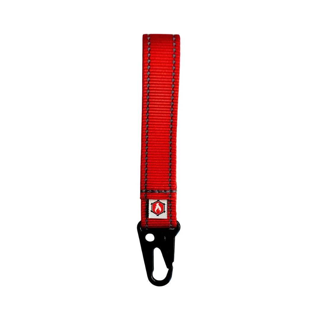 A vibrant Red Grab & Go Loop from Recycled Firefighter featuring a heavy-duty nylon handle and a loop-side Velcro surface for gear organization.
