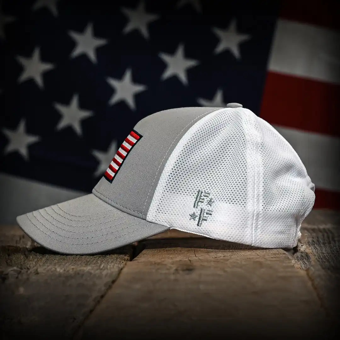 Gray & White Mesh-Back American Flag Trucker Hat, left side view