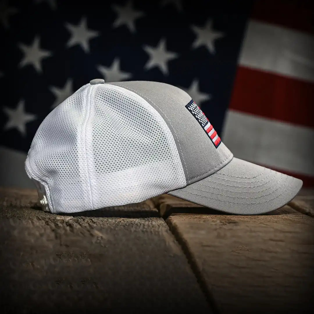 Gray & White Mesh-Back American Flag Trucker Hat, right side view