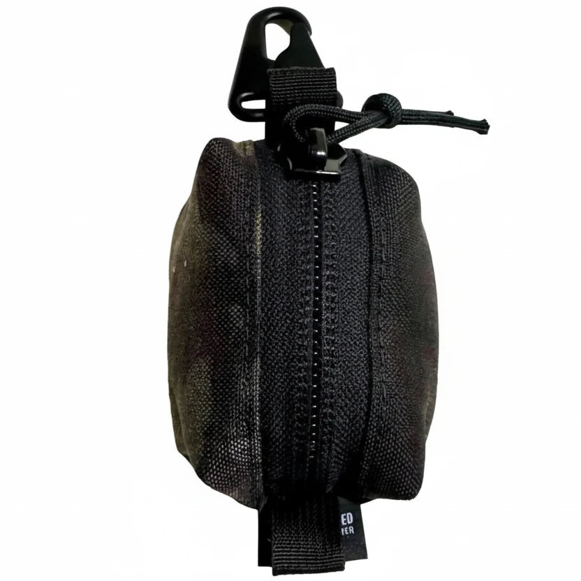 Black Multicam tactical nylon Hot Shot Keychain Pouch featuring a heavy-duty metal clip and YKK zipper by Recycled Firefighter.