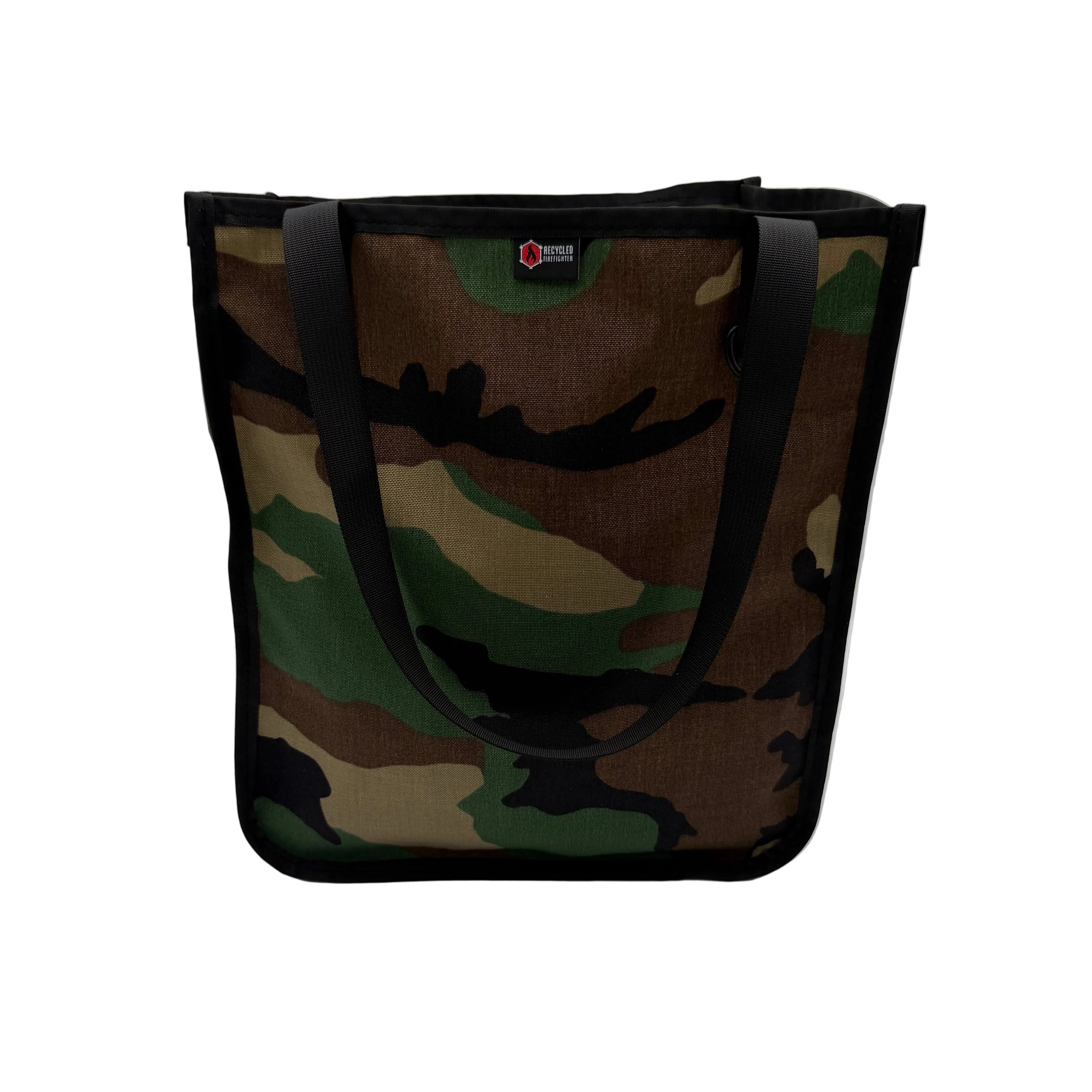 Tactical Tote Bag - Cordura Edition in woodland camo 1000D Cordura by Recycled Firefighter. Rugged USA-made tactical tote with mil-spec webbing handles.