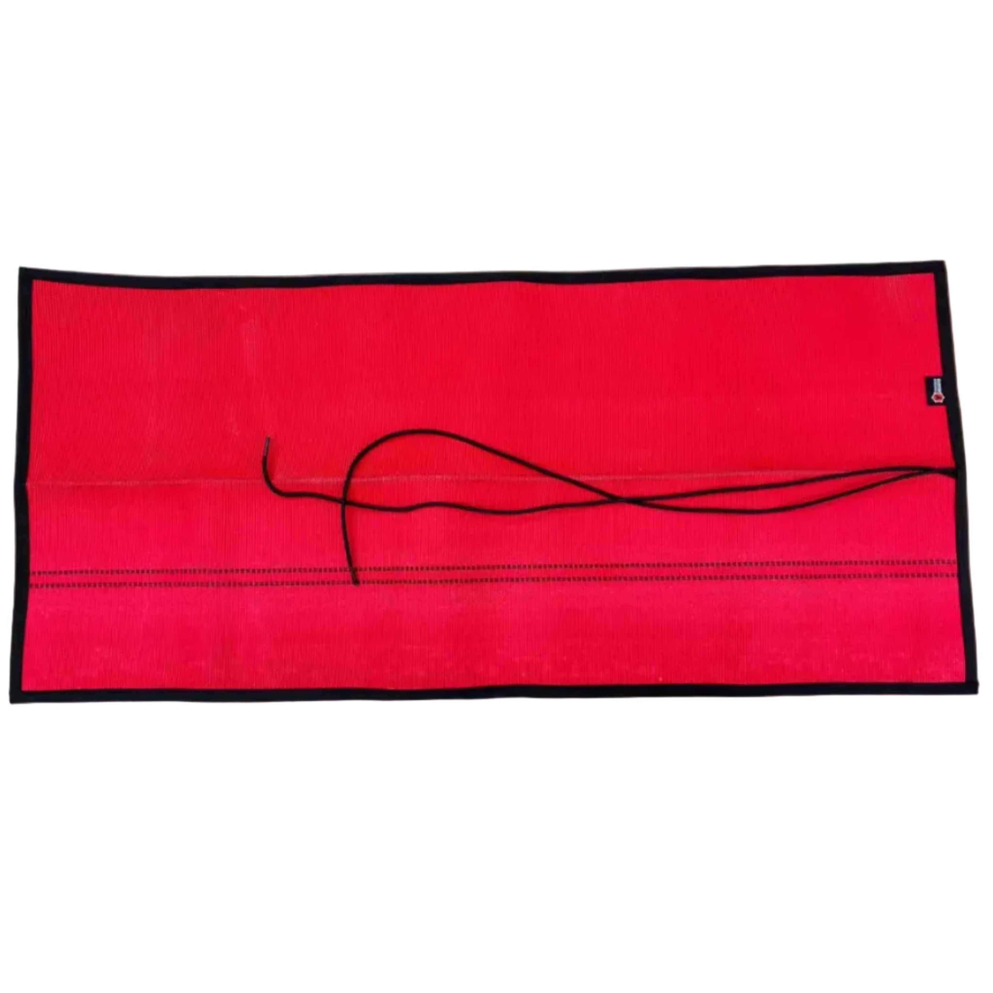 Drop Zone Mat Premium in red fire hose, flat-lay top view with paracord tie loop and Mil-Spec edge binding — Recycled Firefighter