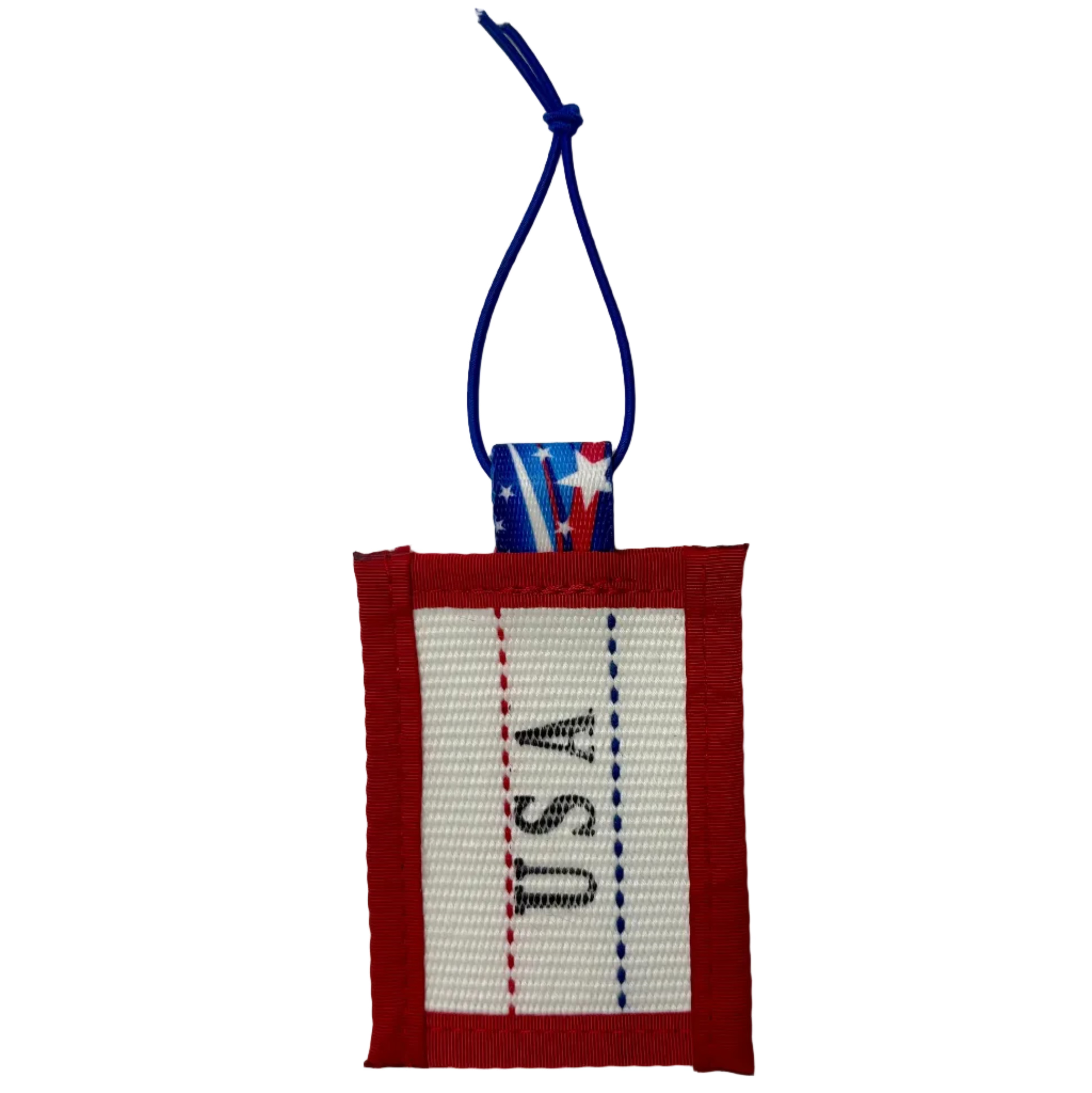 Firehose Luggage Tag — small USA-stamped white webbing tag with red binding and red-white-blue elastic loop — Recycled Firefighter