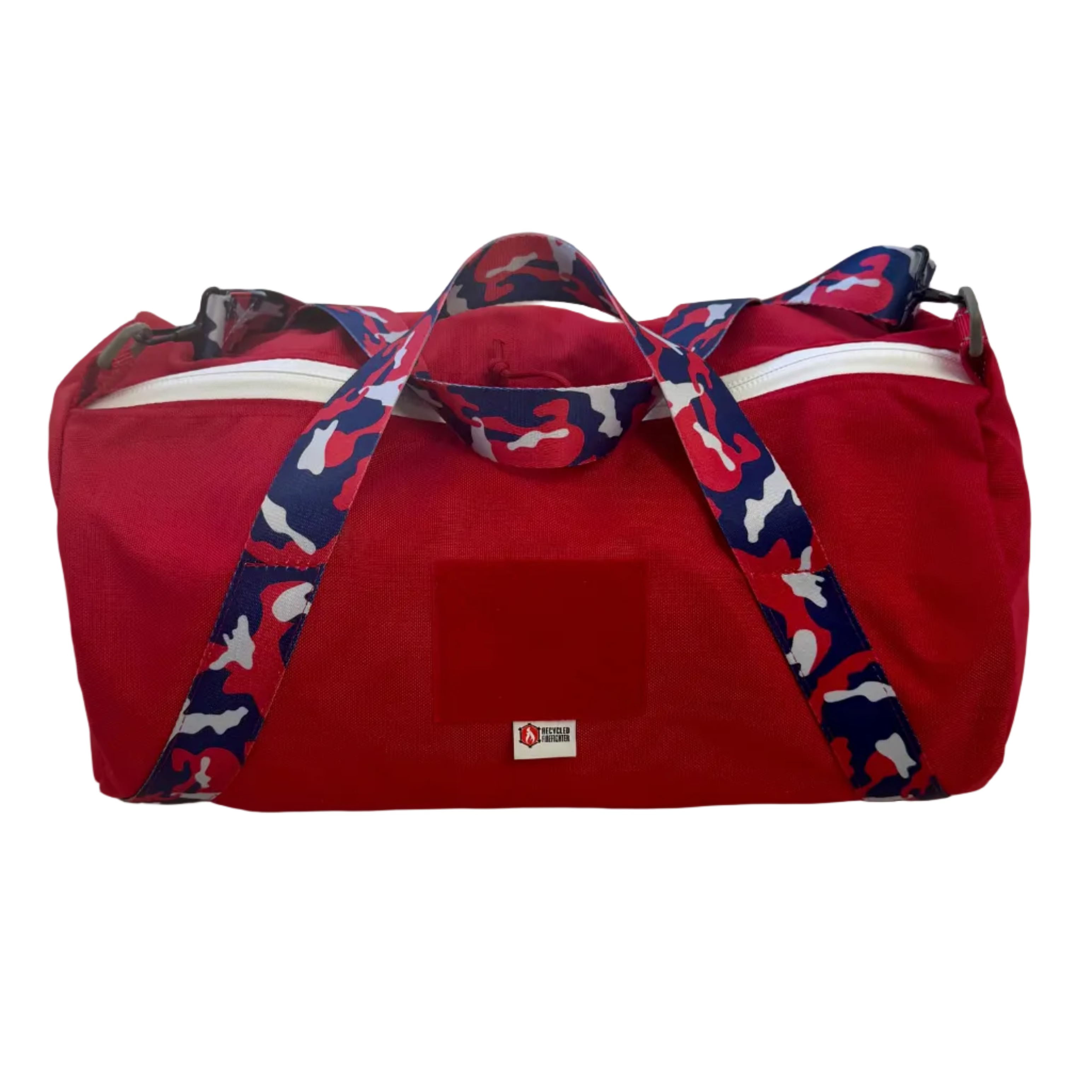 Barrel Duffle Bag 1000D in 'MERICA variant — red with red, white and blue camo straps, 20L USA-made tactical duffle in 1000D Cordura with #10 YKK zippers — Recycled Firefighter