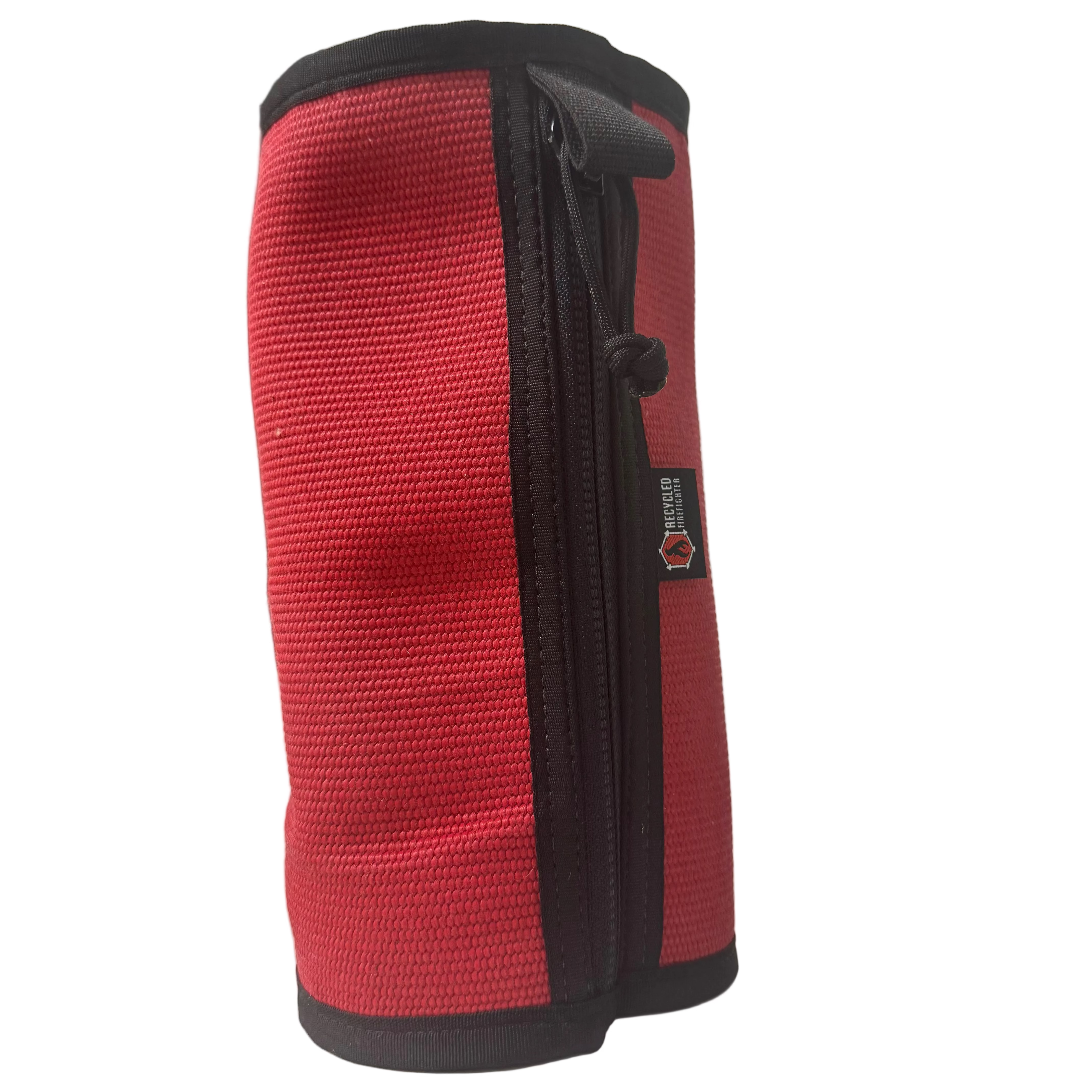 Fire Hose Dopp Kit by Recycled Firefighter — product detail showing fire hose surface character, 1000D nylon lining, and #10 YKK zipper closure.