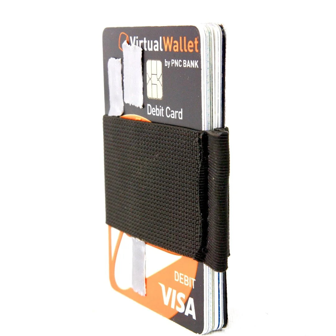 The black edition Minimalist Elastic Card Band Wallet from Recycled Firefighter. Tactical quality designed for demanding professionals.